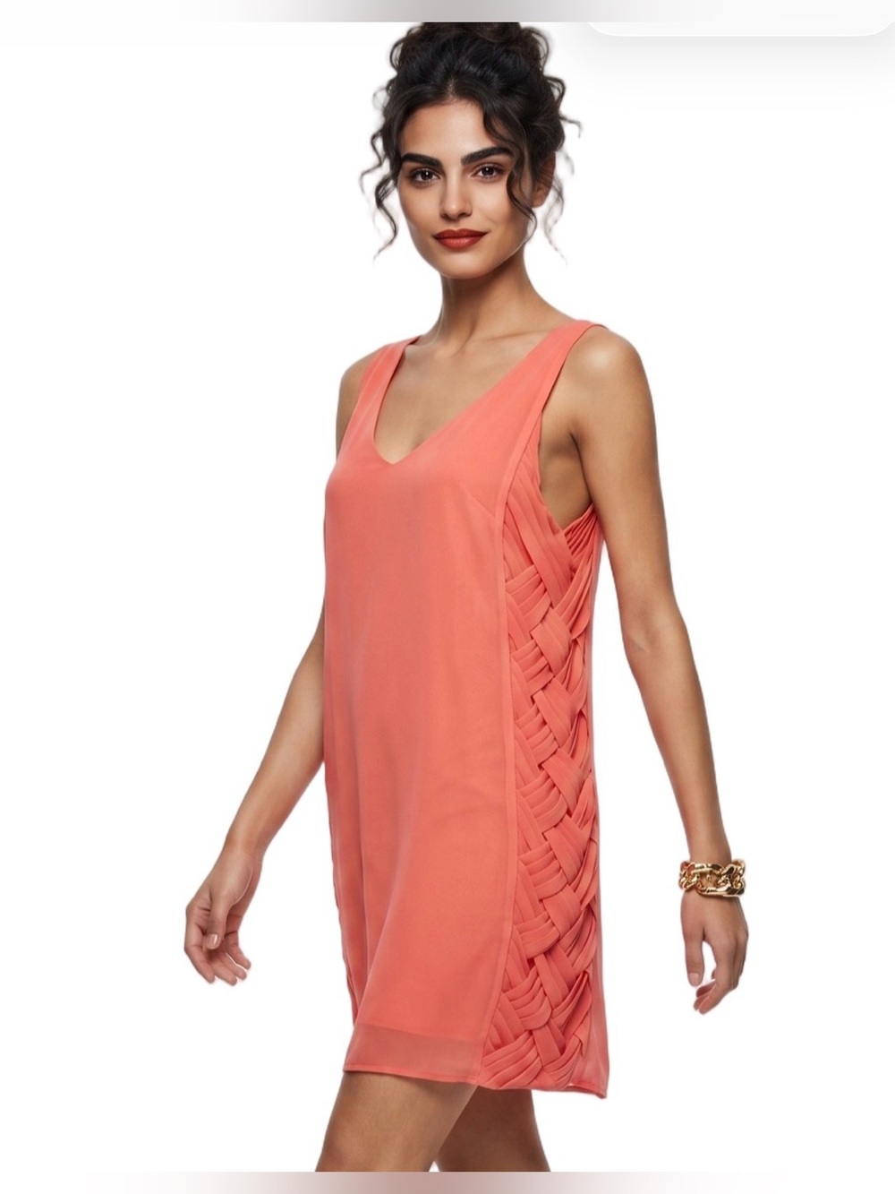 MIHA orange sleeveless V-neck mini shift dress Unique Braided side panels Silk